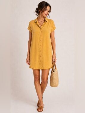 Thread & Supply Gold Lyocell Shirt Dress Button Front Raw Hem Size S